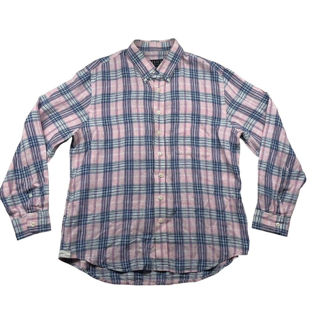 Mine Shirt Mens L 100% Linen London Milan New York Springy Plaid Tartan Beachy